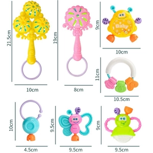 Detailed sizes of 7-piece baby rattle set with eco-friendly teether toys for sensory play