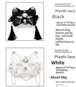 Detailed comparison of black and white lace cat masks with pearls and floral decor
