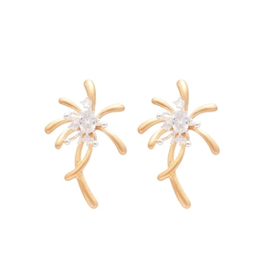 Elegant gold palm tree stud earrings inlaid with sparkling white zircon stones