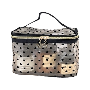 Transparent mesh makeup bag with black flocking hearts and star zipper pulls