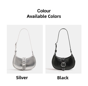 Silver and black crescent shoulder bags featuring large metallic buckle details