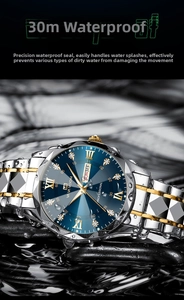Macro shot of business watch with water droplets showing 30m waterproof and dual calendar