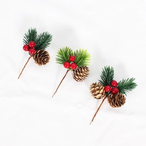 Mini Christmas tree pine needles with red berries and brown pine cones for holiday decor