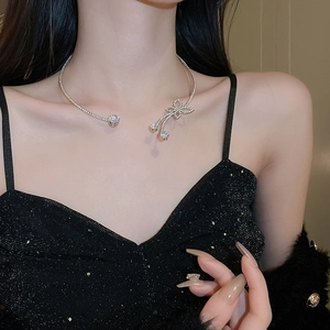 Macro detail of silver choker necklace with cubic zirconia butterfly and tassel on model