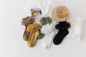 Detailed view of 5 pairs of kids cotton lace socks in various warm autumn colors