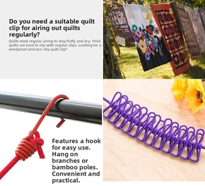 Detail of purple windproof clothesline with 12 clips and heavy-duty red hook for drying
