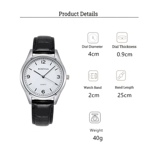 Detail view of quartz watch with 4cm dial, black leather strap, and dimensions infographic
