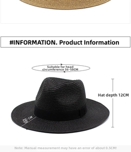Dettaglio dimensioni del cappello Panama in paglia con circonferenza 56-58 cm