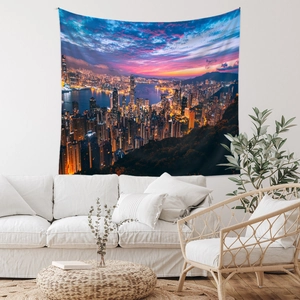 Bohemian wall tapestry with vibrant Hong Kong Victoria Harbor night view city sunset