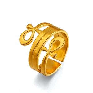 18K gold plated stainless steel adjustable ring with ethnic cross design on white background