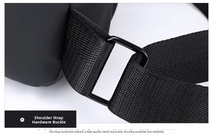 Detail of durable black metal hardware and reinforced nylon strap on crossbody bag