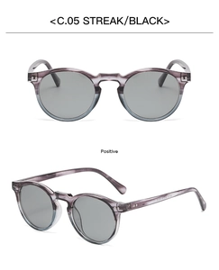 Detailed front and 45-degree angle views of round polarized retro sunglasses in streak black