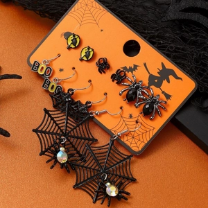 6-pair Halloween earring set featuring bats, spiders, and webs on a festive card