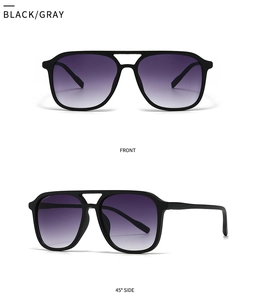 Front and 45-degree side views of black square sunglasses with gray gradient lenses