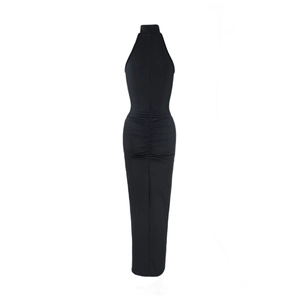 Detail view of back ruching and seam on a slim fit black backless maxi dress