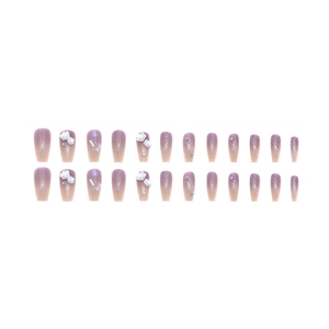 24-piece long coffin press-on nails featuring purple gradient, white 3D roses and rhinestones