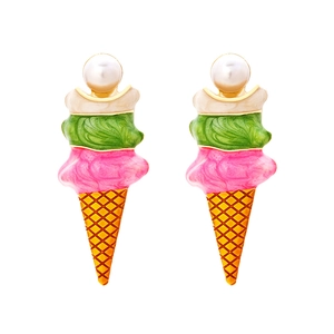 Colorful enamel ice cream cone earrings with pearl accent and sparkling tiered scoops
