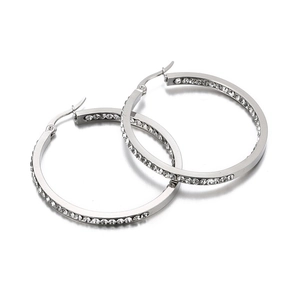 Polished 18K silver stainless steel hoop earrings with full inlaid rhinestones