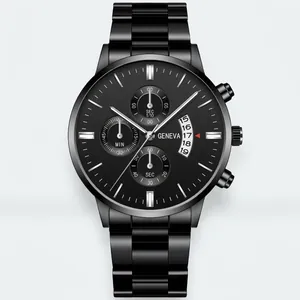 Classic men's black stainless steel chronograph watch with calendar and Geneva dial design