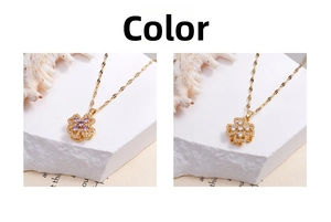 Detail of four-leaf clover necklaces with purple and white stones in gold finish