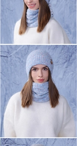 Winter knit beanie and neck warmer set in light blue and lavender wool blend
