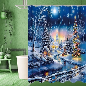 Cozy Christmas shower curtain detail with snow cabin and starry night in a modern bathroom