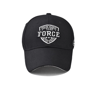Detailed white 3D embroidery of FORCE and NEW YORK 1985 on a black cotton baseball cap