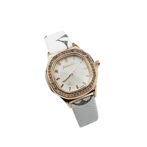 Elegant square quartz watch for women with diamond-set bezel and white patterned leather strap