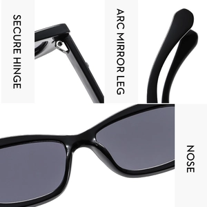 Detail view of square rhinestone sunglasses showing secure hinges and arc mirror legs