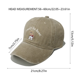 Detailed dimensions of khaki baseball cap with cute bear embroidery and Lucky So Bear text