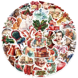 Retro Christmas Party Decor Stickers PVC Waterproof Xmas Gift Decals For Laptop Water Bottle Phone Fridge DIY Ornaments