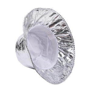 Silver reflective bucket hat with metallic finish and wide brim in high-fashion style