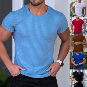 Men Short Sleeve T-Shirt Ribbed Vertical Striped Slim Muscle Fit Round Neck Polyester Spandex Fitness Gym Casual Top
