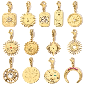 Gold Plated Stainless Steel Celestial DIY Charms Lobster Clasp Rhinestone Sun Moon Star Tarot Style For Jewelry Making