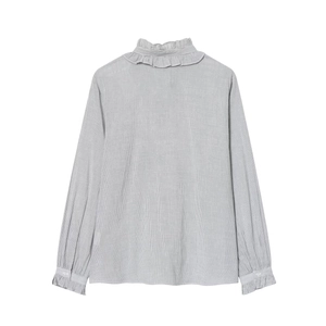 Elegant grey pinstripe long sleeve shirt with ruffle stand collar and back detail view