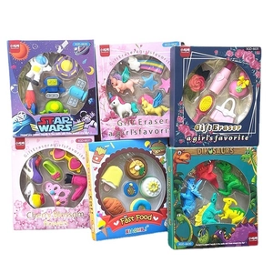 Cute cartoon themed eraser sets for kids featuring space, unicorn, and dinosaur shapes