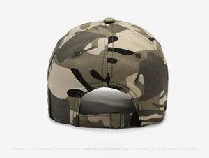 Detail view of camouflage baseball cap back with adjustable metal buckle strap