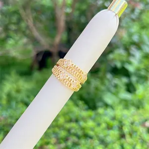 Detail of 18K gold plated mesh rings with star-shaped zircon insets on display