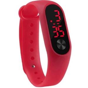 Digital LED sports watch with red silicone strap shown from a 45-degree angle view