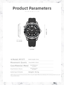 Detailed specs of the black wave dial diving watch with silicone strap and date function
