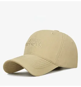 Detail of outdoor sports embroidery and mountain graphic on khaki cotton baseball cap