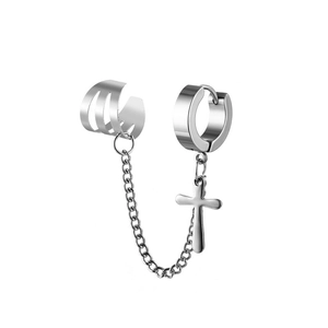 Detailed view of silver stainless steel earring featuring cross pendant and connecting chain