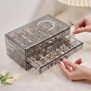 Three-layer clear grey acrylic jewelry organizer box with divided drawer compartments