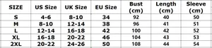 Detailed size chart for floral off-shoulder top with bust, length, and sleeve measurements
