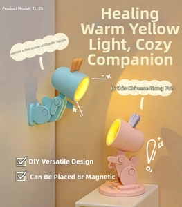 Adjustable mini rabbit LED night light in blue and pink with warm glow and DIY folding stand