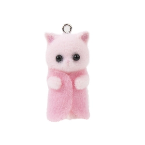 Detailed close-up of a pink flocked cat pendant with metal ring for DIY jewelry making