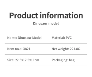 Detailed specifications chart for PVC Tyrannosaurus rex model showing size and weight