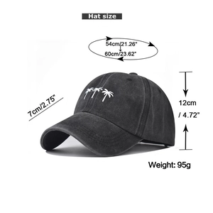 Detailed size guide for washed cotton baseball cap featuring coconut tree embroidery