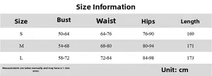 Guide des tailles détaillé pour robe dos nu avec mesures du buste de la taille et des hanches