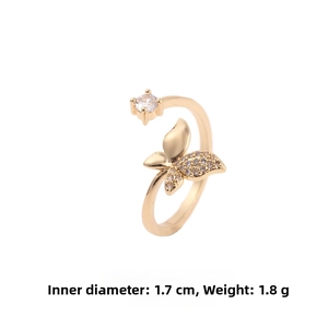 Detail view of butterfly copper ring with dimensions showing 1.7cm inner diameter and 1.8g weight